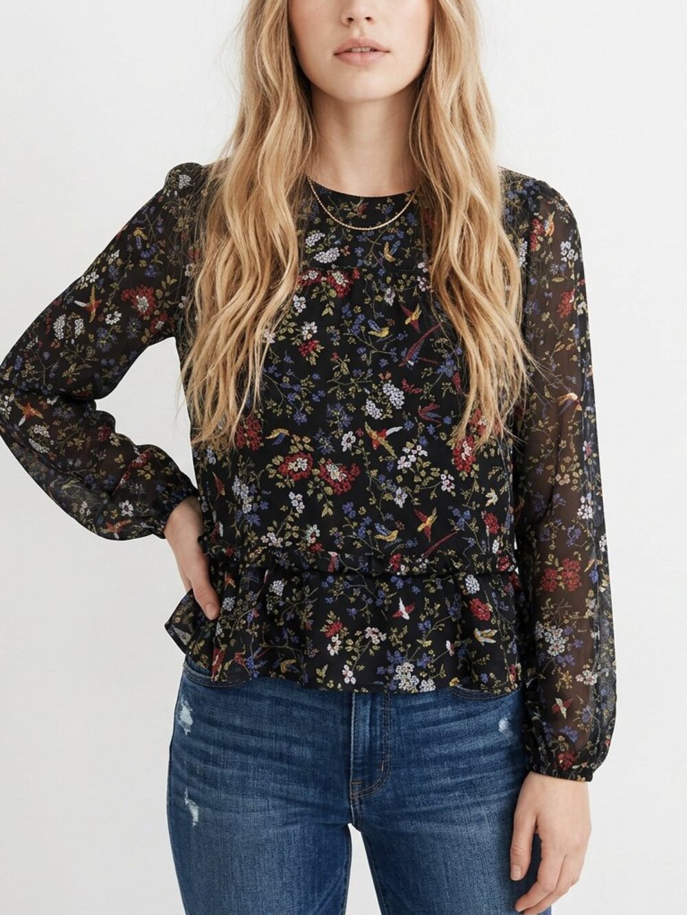 Madewell Floral Bird Print Peplum Long Sleeve Blouse Size S Black — EUC